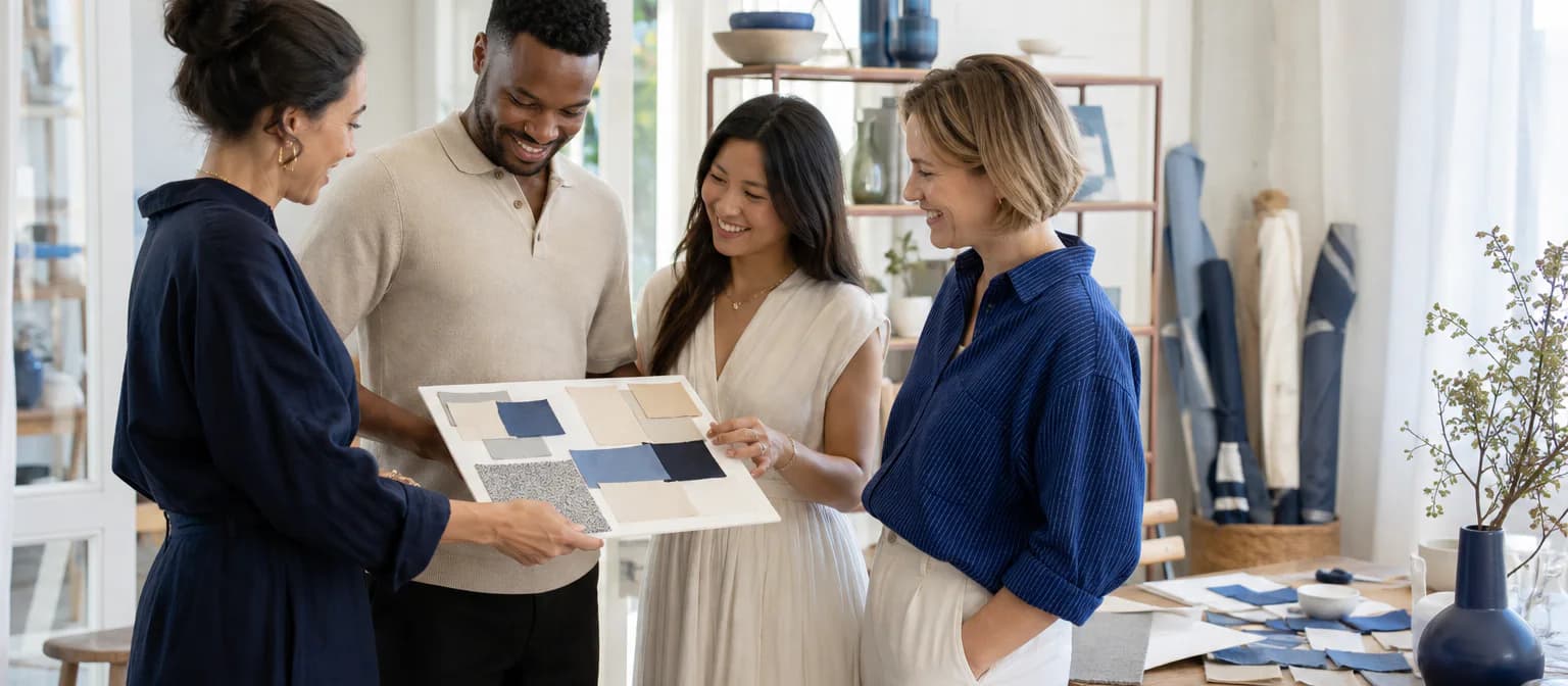 A couple and planning team review material swatches together in a sunlit creative studio.
