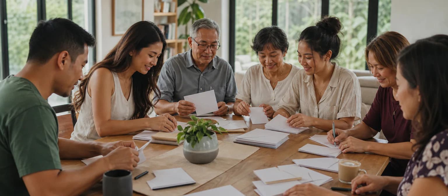 A multigenerational family and engaged couple prepare blank invitation envelopes around a large table.