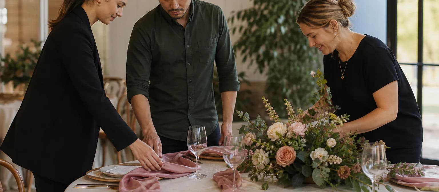 A venue manager, florist, and wedding planner collaborate around a prepared reception table.