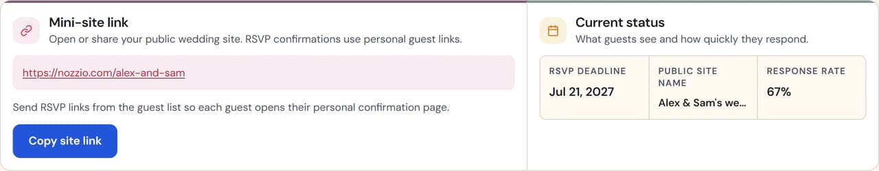 Nozzio personal invitation with a secure response path for one synthetic guest group.