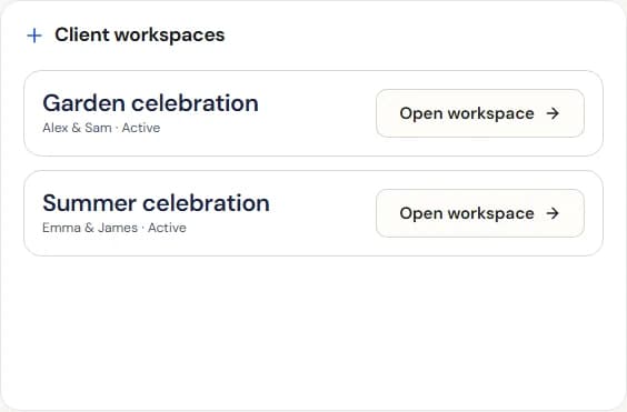 Nozzio planner workspace list with two controlled client weddings.