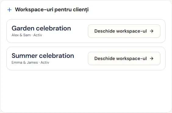 Lista Nozzio pentru organizator, cu două nunți client controlate.