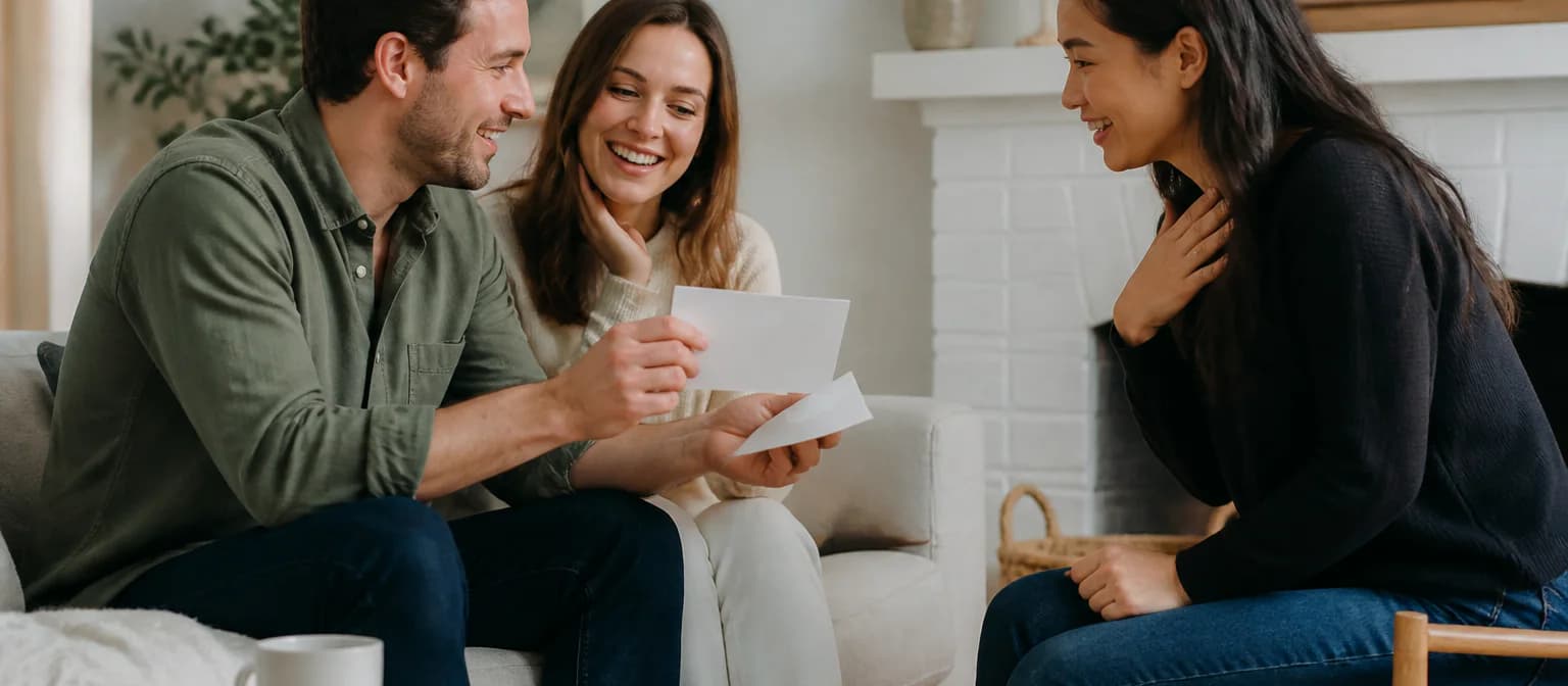 An engaged couple share a blank wedding invitation card with a close friend at home.