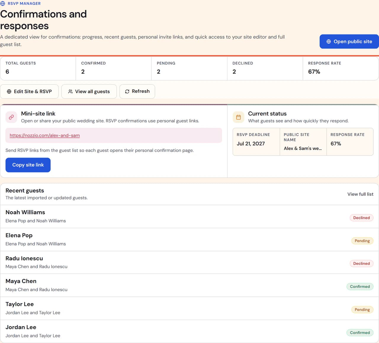 Nozzio RSVP overview with synthetic responses and follow-up status.