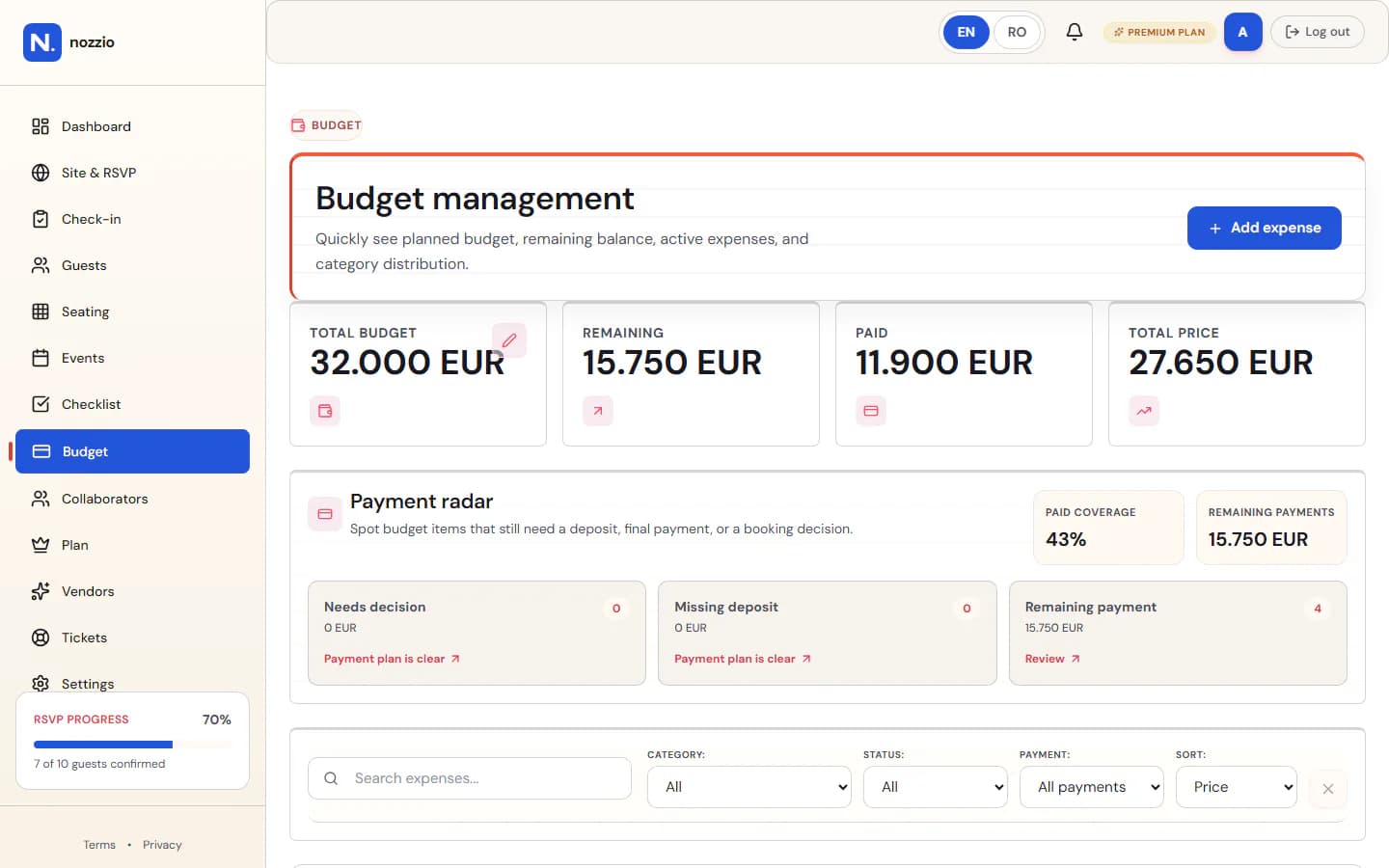 Nozzio budget with payment progress and categorized expenses