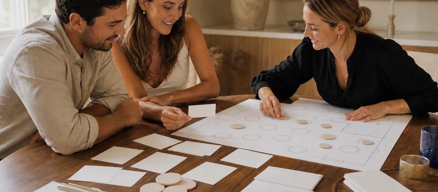 An engaged couple and wedding planner sort blank guest cards around a paper seating plan.