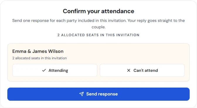 Nozzio personal invitation with a secure response path for one synthetic guest group.
