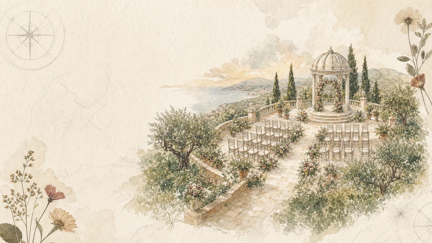 Watercolor ceremony terrace and wedding planning map