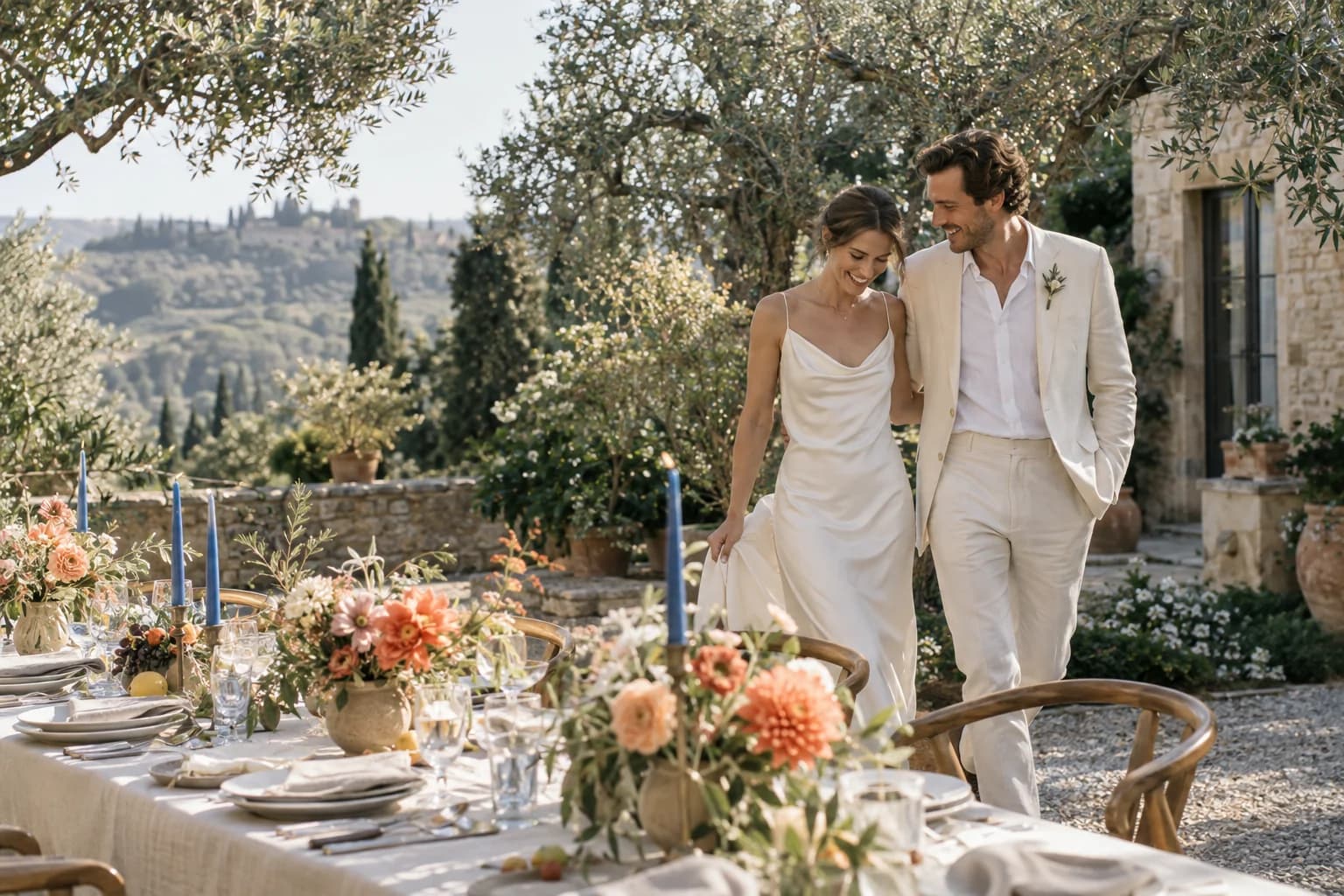 A shared moment of celebration in a warmly lit garden.